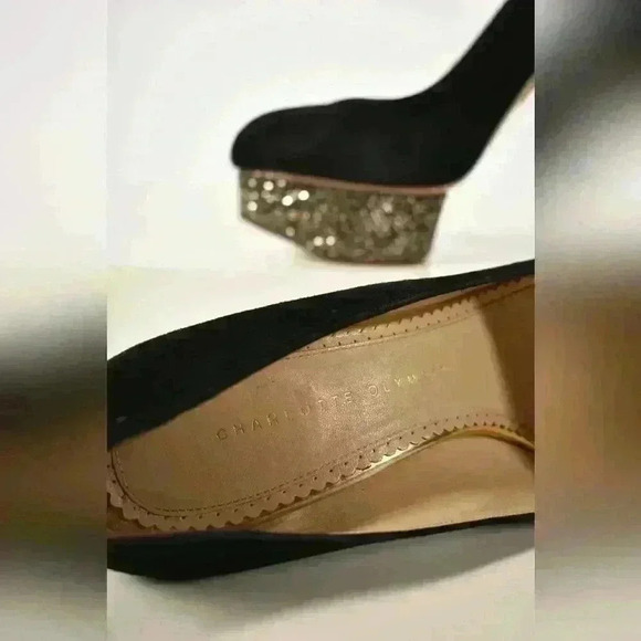 CHARLOTTE OLYMPIA Black Rhinestone Dolly High Heel Suede  Pumps 39.5EU Italy - Picture 6 of 7